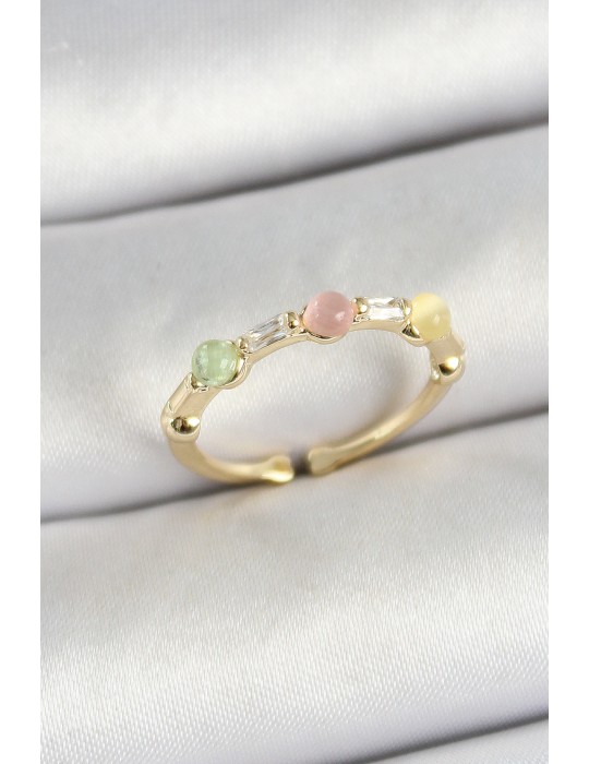 Pirinç Sıralı Boncuk Figürlü Zirkon Taşlı Gold Renk Ayarlanabilir Kadın Yüzük - TJ-BYK3758