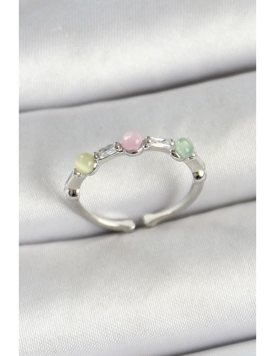 Pirinç Sıralı Boncuk Figürlü Zirkon Taşlı Gümüş Renk Ayarlanabilir Kadın Yüzük - TJ-BYK3759