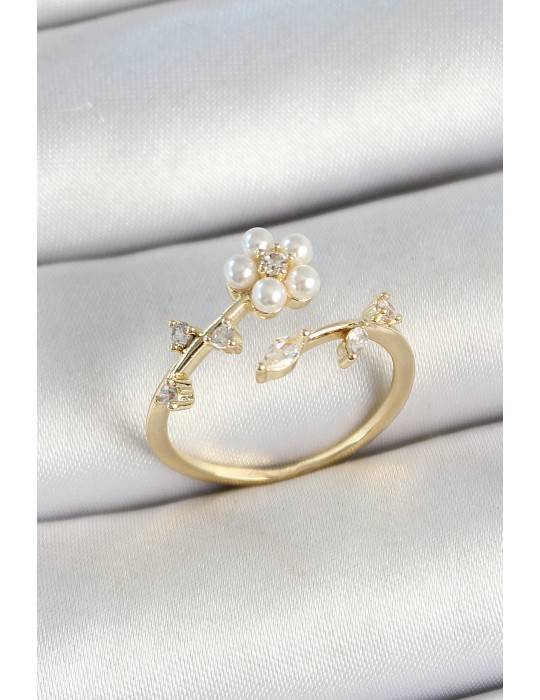 Pirinç İnci Detaylı Papatya Figürlü Zirkon Taşlı Gold Renk Ayarlanabilir Kadın Yüzük - TJ-BYK3770