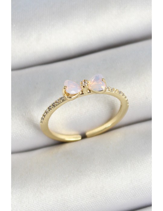 Pirinç Fiyonk Figürlü Zirkon Taşlı Gold Renk Ayarlanabilir Kadın Yüzük - TJ-BYK3772