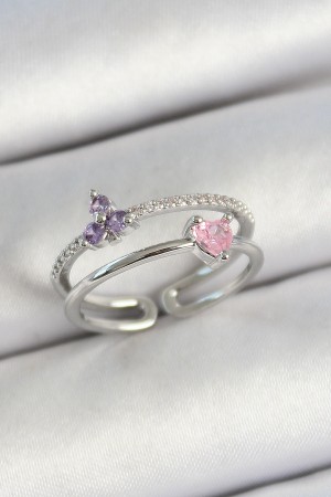 Pirinç Kalp Ve Çiçek Figürlü Zirkon Taşlı Gümüş Renk Ayarlanabilir Kadın Yüzük - TJ-BYK3775 Pirinç Kalp Ve Çiçek Figürlü Zirkon Taşlı Gümüş Renk Ayarlanabilir Kadın Yüzük - TJ-BYK3775