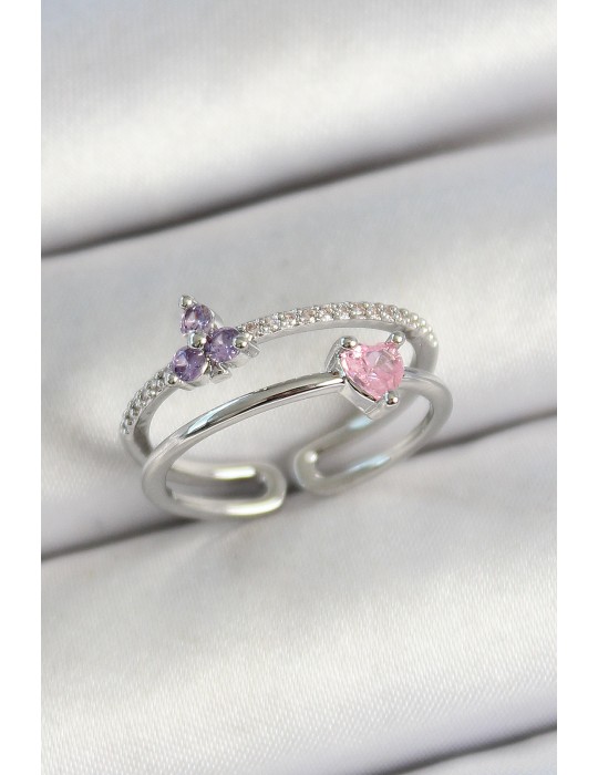 Pirinç Kalp Ve Çiçek Figürlü Zirkon Taşlı Gümüş Renk Ayarlanabilir Kadın Yüzük - TJ-BYK3775