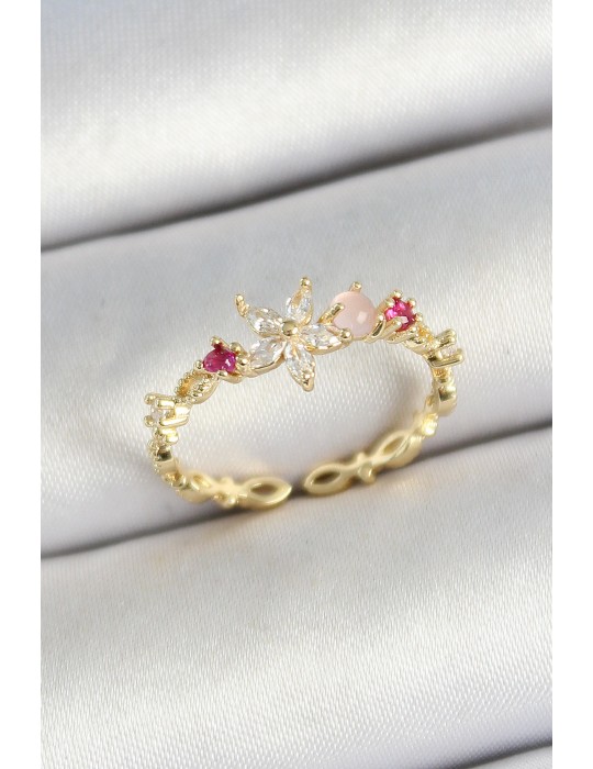 Pirinç Papatya Figürlü Zirkon Taşlı Gold Renk Ayarlanabilir Kadın Yüzük - TJ-BYK3778