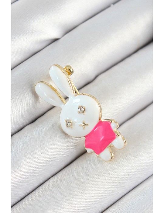 Zirkon Taş Detaylı Beyaz Ve Pembe 3D Tavşan Figürlü Kadın Broş - TJ-BR436