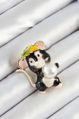İnci Detaylı Siyah Ve Pembe 3D Sevimli Fare Figürlü Gold Renk Kadın Broş - TJ-BR437