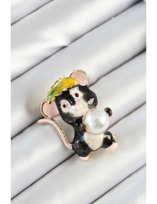 İnci Detaylı Siyah Ve Pembe 3D Sevimli Fare Figürlü Gold Renk Kadın Broş - TJ-BR437