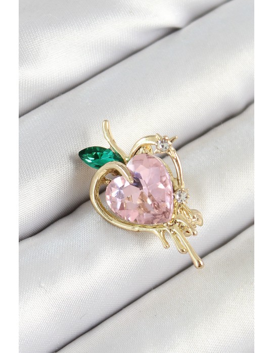 Pembe Ve Yeşil Zirkon Taşlı 3D Eriyen Kalp Figürlü Gold Renk Kadın Broş - TJ-BR438