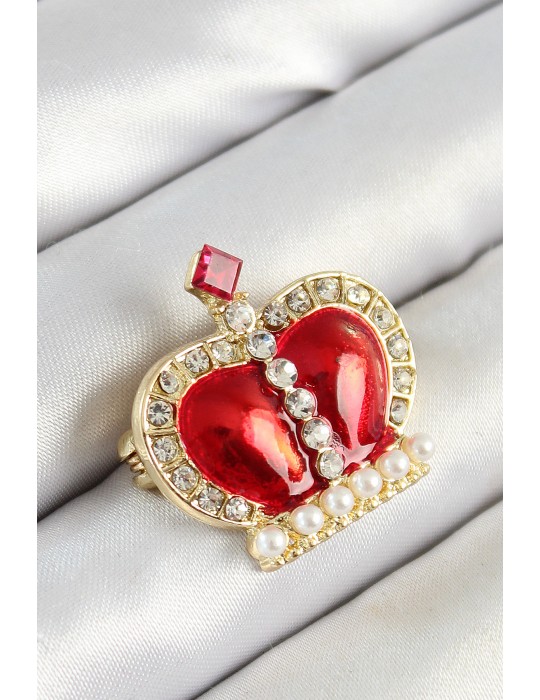 Zirkon Taşlı İnci Detaylı Kırmızı 3D Kraliçe Taç Figürlü Gold Renk Kadın Broş - TJ-BR441