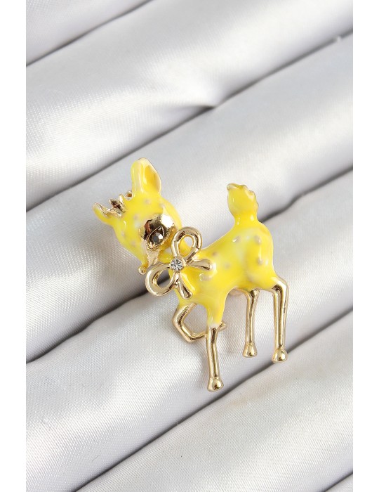 Zirkon Taşlı Fiyonk Detaylı 3D Sarı Ceylan Figürlü Gold Renk Kadın Broş - TJ-BR445