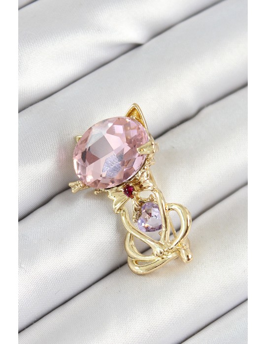 Pembe Zirkon Taşlı Kap Detaylı Kedi Figürlü Gold Renk Kadın Broş - TJ-BR447
