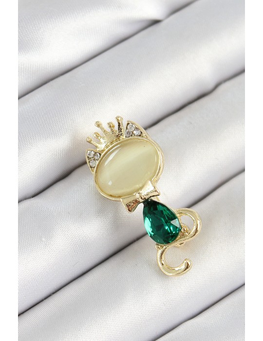 Yeşil Damla Zirkon Taşlı Kraliçe Taçlı Kedi Figürlü Gold Renk Kadın Broş - TJ-BR450