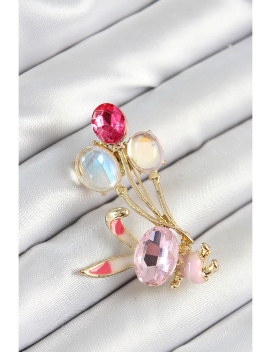 Zirkon Taşlı Balonlu Pembe Tavşan Figürlü Gold Renk Kadın Broş - TJ-BR451