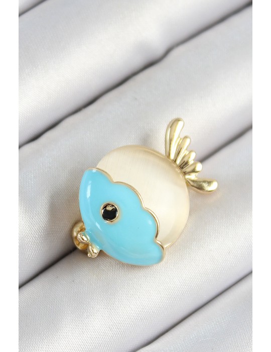 Mineli Turkuaz Ve Krem Balık Figürlü Gold Renk Kadın Broş - TJ-BR454