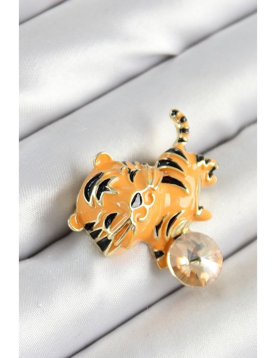 Zirkon Taşlı Siyah Çizgili Turuncu Kaplan Figürlü Gold Renk Kadın Broş - TJ-BR455