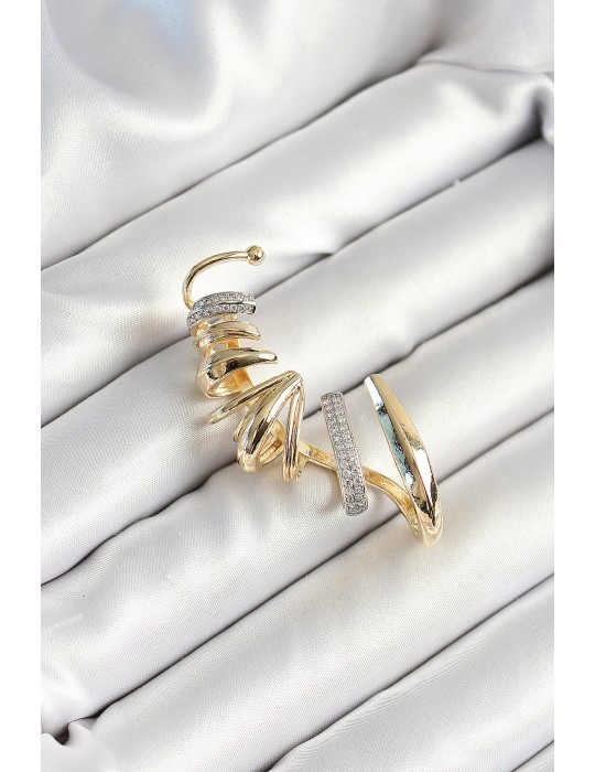 Pirinç Zirkon Taş Kaplamalı Sarmal Figürlü Gold Renk Kadın Sağ Kıkırdak Küpe - TJ-BKP10630