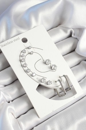 316L Çelik Dikdörtgen Figürlü Ve Zirkon Taşlı Gümüş Renk 7'li Çift Kadın Küpe Set - TJ-BKP10638