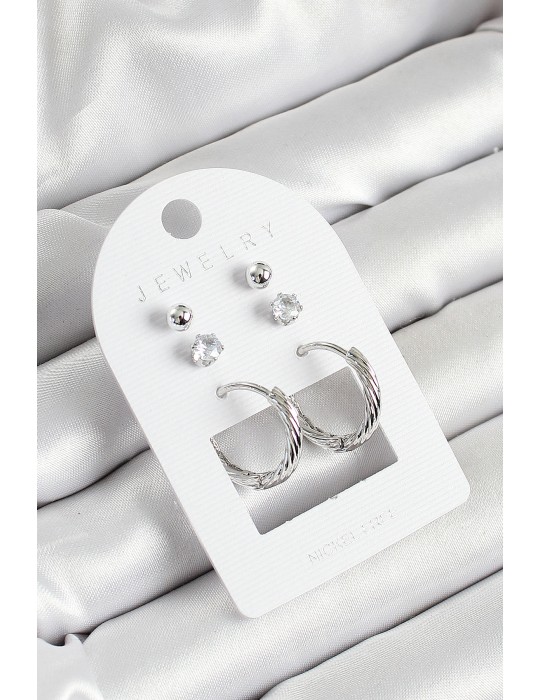 Pirinç Zirkon Taş Ve Halka Figürlü Gümüş Renk 3'lü Çift Kadın Küpe Set - TJ-BKP10646