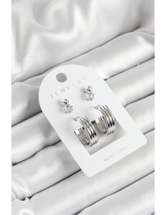 Pirinç Zirkon Taş Ve Halka Figürlü Gümüş Renk 3'lü Çift Kadın Küpe Set - TJ-BKP10649