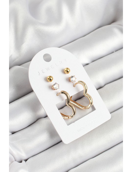 Pirinç Zirkon Taş Ve Kalp Figürlü Gold Renk 3'lü Çift Kadın Küpe Set - TJ-BKP10650