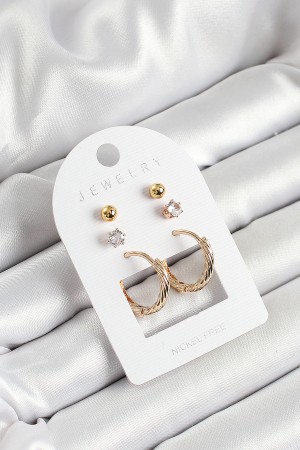 Pirinç Zirkon Taş Ve Halka Figürlü Gold Renk 3'lü Çift Kadın Küpe Set - TJ-BKP10652 Pirinç Zirkon Taş Ve Halka Figürlü Gold Renk 3'lü Çift Kadın Küpe Set - TJ-BKP10652