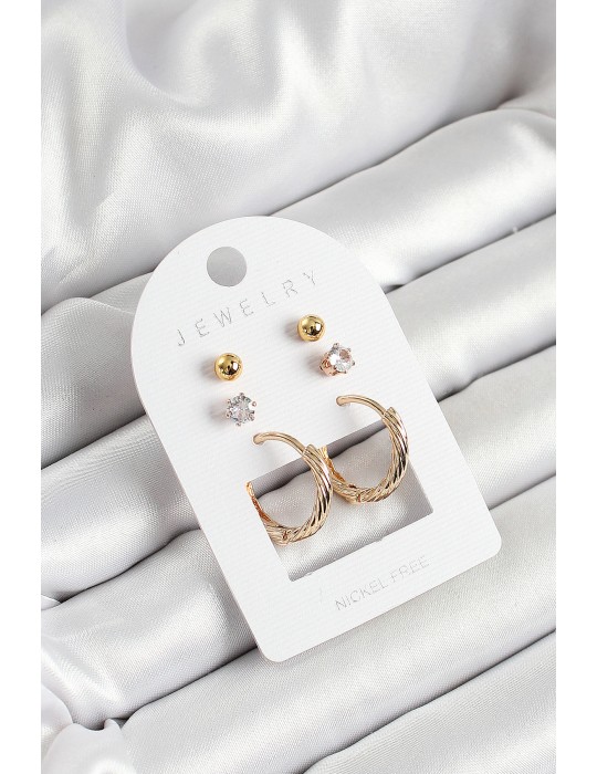 Pirinç Zirkon Taş Ve Halka Figürlü Gold Renk 3'lü Çift Kadın Küpe Set - TJ-BKP10652