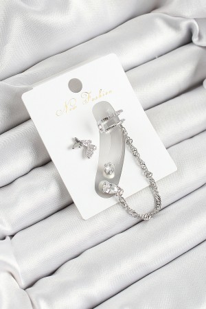 Pirinç Figürlü Zirkon Taşlı Gümüş Renk 3'lü Kıkırdak Kadın Küpe Set - TJ-BKP10659
