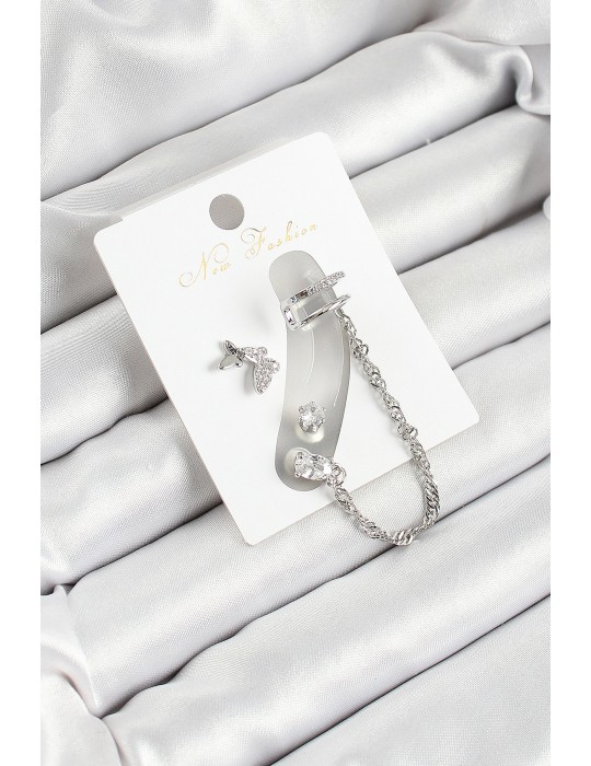 Pirinç Figürlü Zirkon Taşlı Gümüş Renk 3'lü Kıkırdak Kadın Küpe Set - TJ-BKP10659