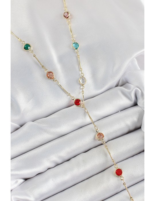 Pirinç Asorti Model Gold Renk Zirkon Taşlı Y Kolye - TJ-BKO10251