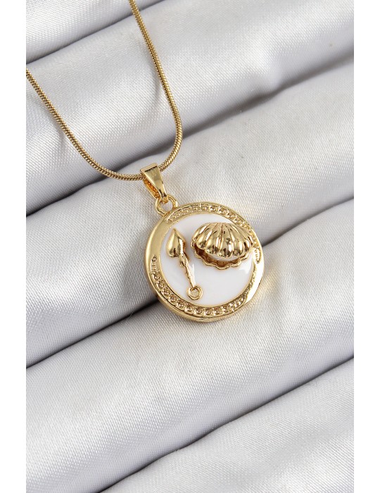 316L Çelik Zincir Beyaz Mineli Sanatsal Portre İstiridye Model Gold Renk Kadın Kolye - TJ-BKO10267