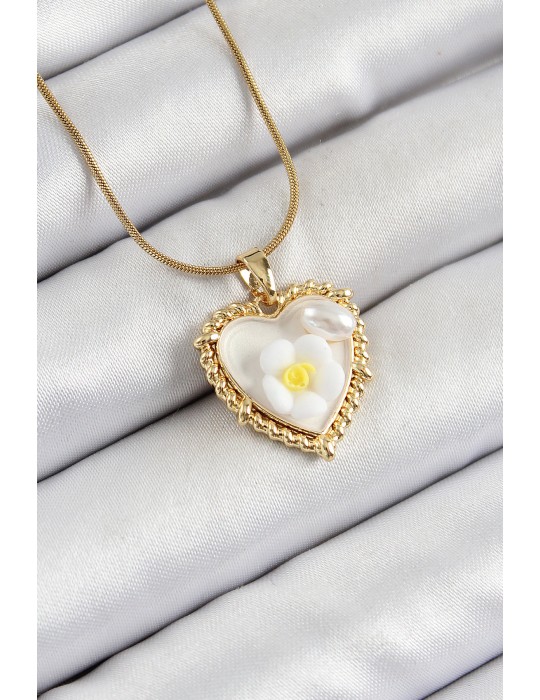 316L Çelik Zincir Beyaz Sanatsal Portre İnci Detaylı Papatya Figürlü Kalp Model Gold Renk Kadın Kolye - TJ-BKO10270