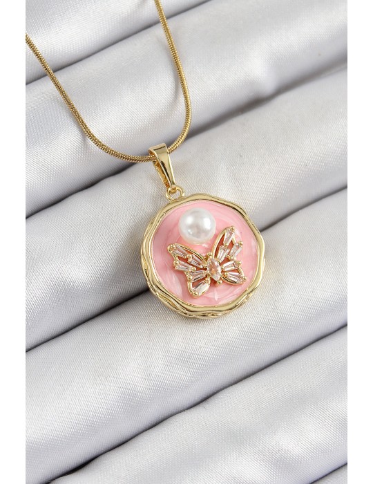 316L Çelik Zincir Zirkon Taşlı Pembe Sanatsal Portre İnci Detaylı Model Gold Renk Kadın Kolye - TJ-BKO10276