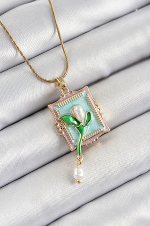 316L Çelik Zincir Turkuaz Sanatsal Portre Sallantılı İnci Detaylı Lale Model Gold Renk Kadın Kolye - TJ-BKO10280
