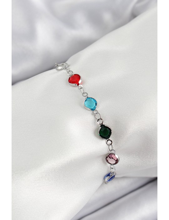 Pirinç Gümüş Renk Karışık Renk Zirkon Taşlı Kadın Bileklik - TJ-BB7046