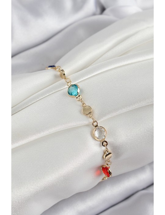 Pirinç Karışık Renk Zirkon Taşlı Gold Renk Kadın Bileklik - TJ-BB7051