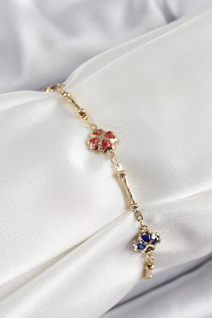 Pirinç Gold Renk Karışık Renk Yonca Zirkon Taşlı Kadın Bileklik - TJ-BB7056 Pirinç Gold Renk Karışık Renk Yonca Zirkon Taşlı Kadın Bileklik - TJ-BB7056