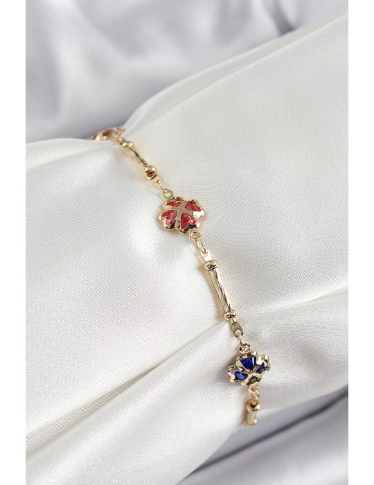 Pirinç Gold Renk Karışık Renk Yonca Zirkon Taşlı Kadın Bileklik - TJ-BB7056