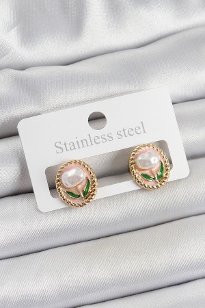 Pirinç Pembe Mineli Lale Figürlü Sanatsal Portre Model Gold Renk Kadın Küpe - TJ-BKP10672 Pirinç Pembe Mineli Lale Figürlü Sanatsal Portre Model Gold Renk Kadın Küpe - TJ-BKP10672