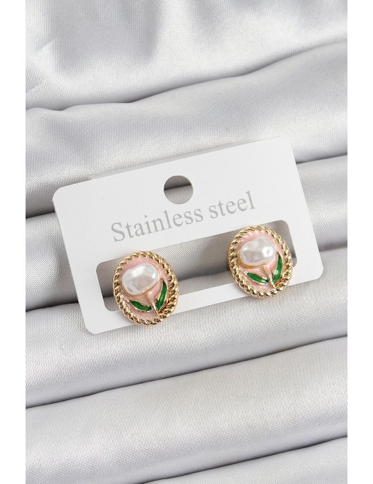 Pirinç Pembe Mineli Lale Figürlü Sanatsal Portre Model Gold Renk Kadın Küpe - TJ-BKP10672