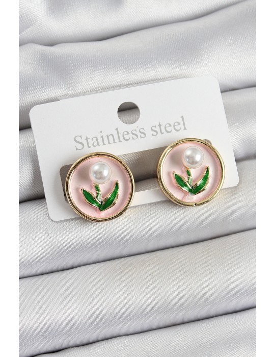 Pirinç Pembe Mineli Lale Figürlü Sanatsal Portre Model Gold Renk Kadın Küpe - TJ-BKP10674