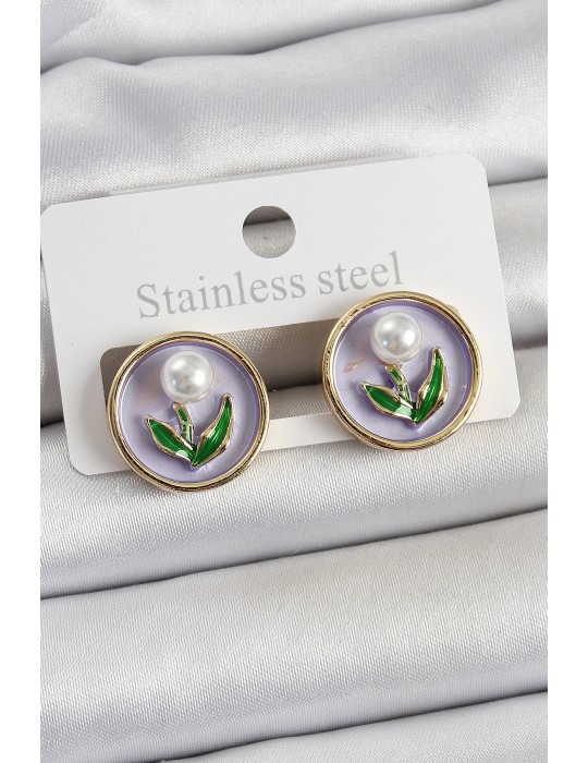 Pirinç Mor Mineli Lale Figürlü Sanatsal Portre Model Gold Renk Kadın Küpe - TJ-BKP10676