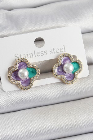 Pirinç Mor Mineli İnci Detaylı Zirkon Taşlı Sanatsal Portre Yonca Model Gold Renk Kadın Küpe - TJ-BKP10680 Pirinç Mor Mineli İnci Detaylı Zirkon Taşlı Sanatsal Portre Yonca Model Gold Renk Kadın Küpe - TJ-BKP10680