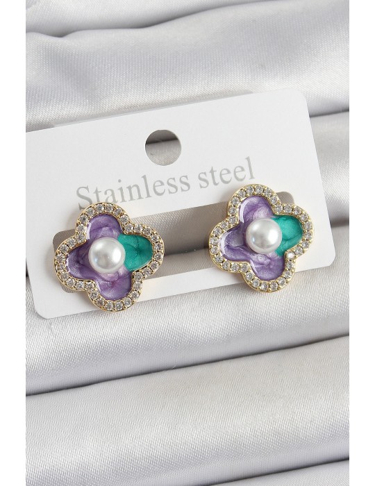 Pirinç Mor Mineli İnci Detaylı Zirkon Taşlı Sanatsal Portre Yonca Model Gold Renk Kadın Küpe - TJ-BKP10680