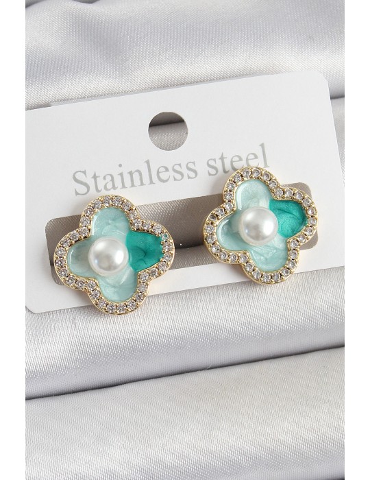 Pirinç Yeşil Mineli İnci Detaylı Zirkon Taşlı Sanatsal Portre Yonca Model Gold Renk Kadın Küpe - TJ-BKP10681