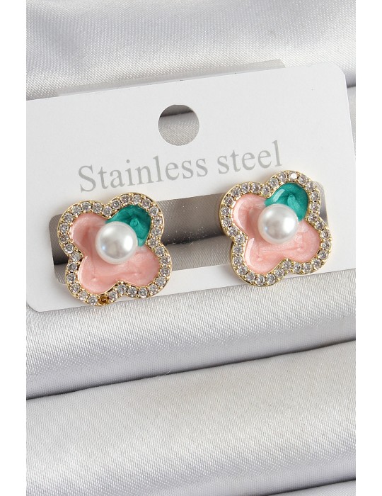 Pirinç Pembe Mineli İnci Detaylı Zirkon Taşlı Sanatsal Portre Yonca Model Gold Renk Kadın Küpe - TJ-BKP10682