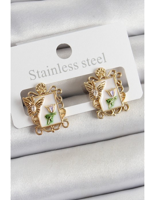 Pirinç Beyaz Mineli Sanatsal Portre Model Gold Renk Kadın Küpe - TJ-BKP10683