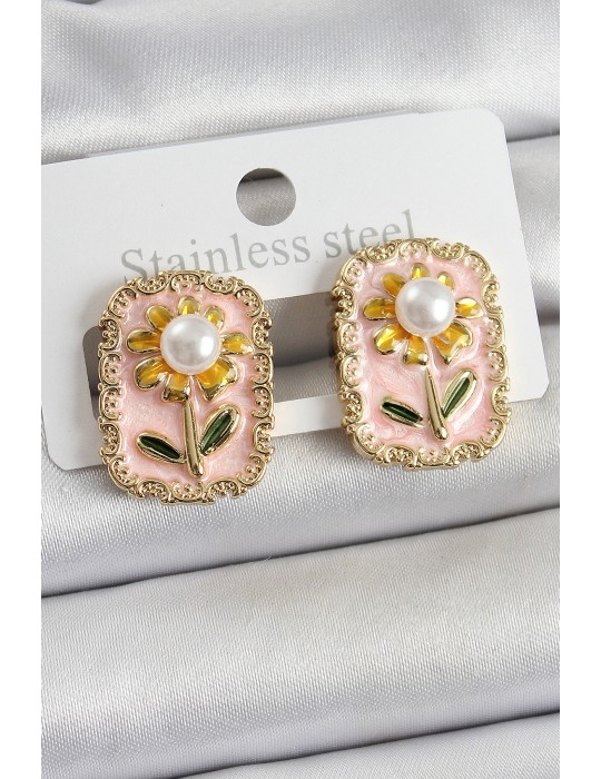 Pirinç Pembe Mineli Papatya Figürlü Sanatsal Portre Model Gold Renk Kadın Küpe - TJ-BKP10687