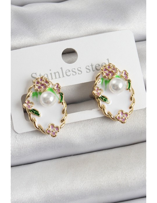 Pirinç Beyaz Mineli İnci Detaylı Sanatsal Portre Model Gold Renk Kadın Küpe - TJ-BKP10689