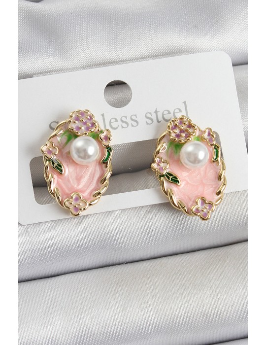 Pirinç Pembe Mineli İnci Detaylı Sanatsal Portre Model Gold Renk Kadın Küpe - TJ-BKP10690