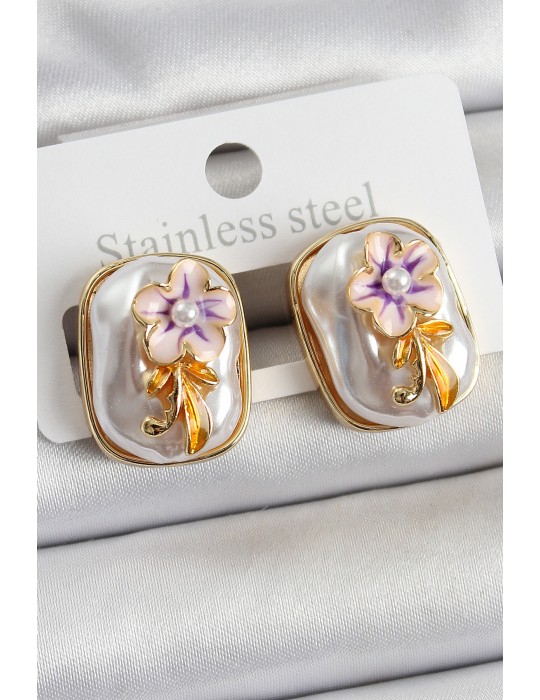 Pirinç Beyaz Mineli İnci Detaylı Çiçek Figürlü Sanatsal Portre Model Gold Renk Kadın Küpe - TJ-BKP10692