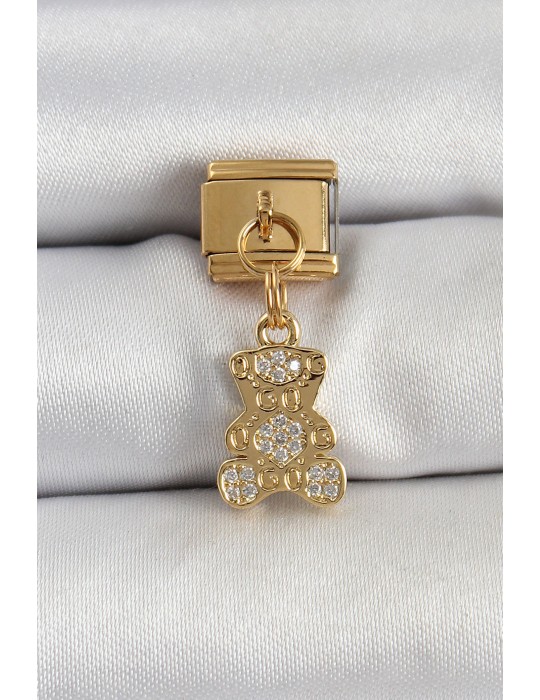 316L Çelik Sallantılı Zirkon Taşlı Ayıcık Model Gold Renk Nomination Charm - TJ-BC1413